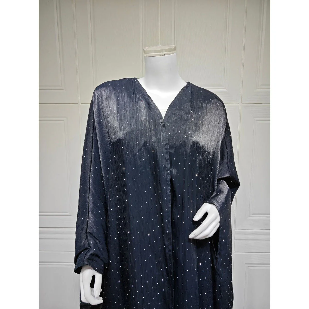 Luxury Muslim Starlight Evening Wear Abaya Set | Midnight Blue Diamond-Embellished Robe Jacket with Matching Hijab(MOA201) - Image 9