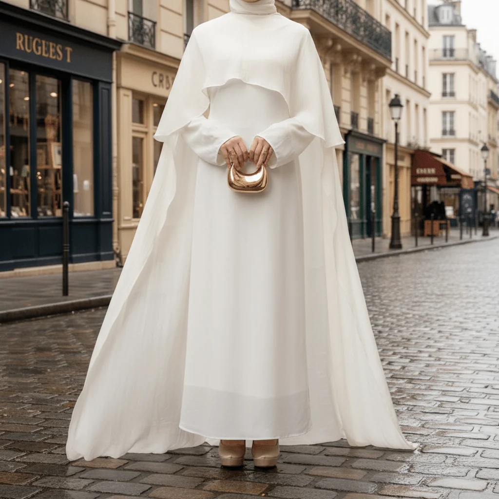 Luxury Organza Cape Abaya | A-Line Maxi Dress with Tie Belt & Sheer Overlay Cape (MA300)