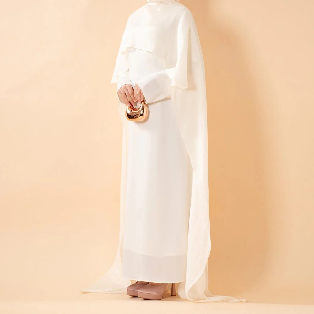 Luxury Organza Cape Abaya | A-Line Maxi Dress with Tie Belt & Sheer Overlay Cape (MA300) - Image 11