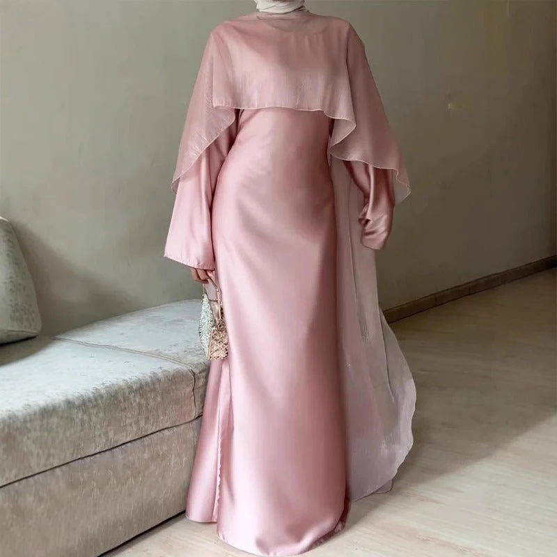 Luxury Organza Cape Abaya | A-Line Maxi Dress with Tie Belt & Sheer Overlay Cape (MA300) - Image 2