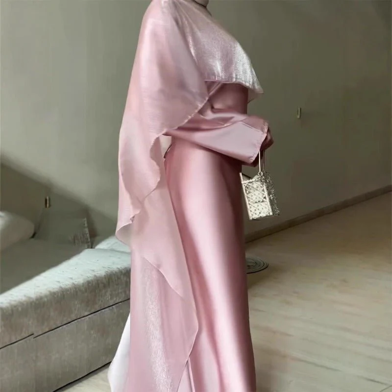 Luxury Organza Cape Abaya | A-Line Maxi Dress with Tie Belt & Sheer Overlay Cape (MA300) - Image 3