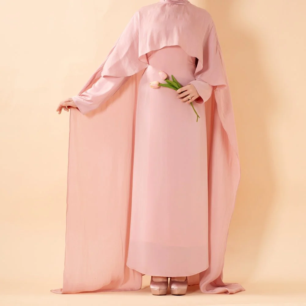 Luxury Organza Cape Abaya | A-Line Maxi Dress with Tie Belt & Sheer Overlay Cape (MA300) - Image 4