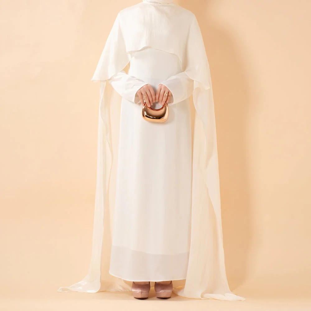 Luxury Organza Cape Abaya | A-Line Maxi Dress with Tie Belt & Sheer Overlay Cape (MA300) - Image 5