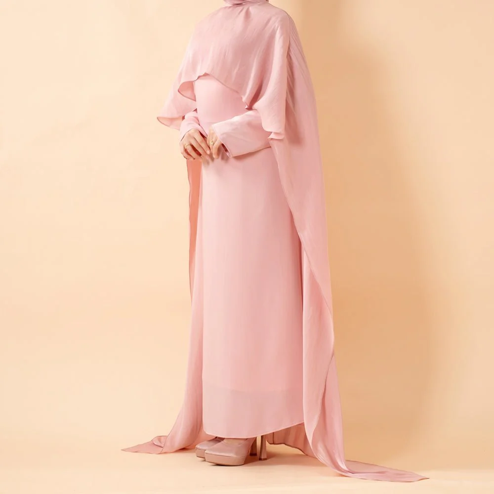 Luxury Organza Cape Abaya | A-Line Maxi Dress with Tie Belt & Sheer Overlay Cape (MA300) - Image 6