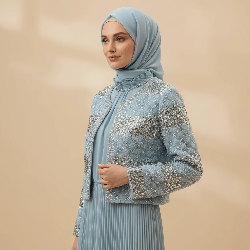 Luxury Pearl Beaded Diamond Grid Jacket & Pleated Dress Set(MS403) - Image 10