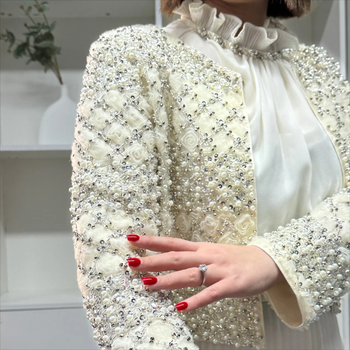 Luxury Pearl Beaded Diamond Grid Jacket & Pleated Dress Set(MS403) - Image 11