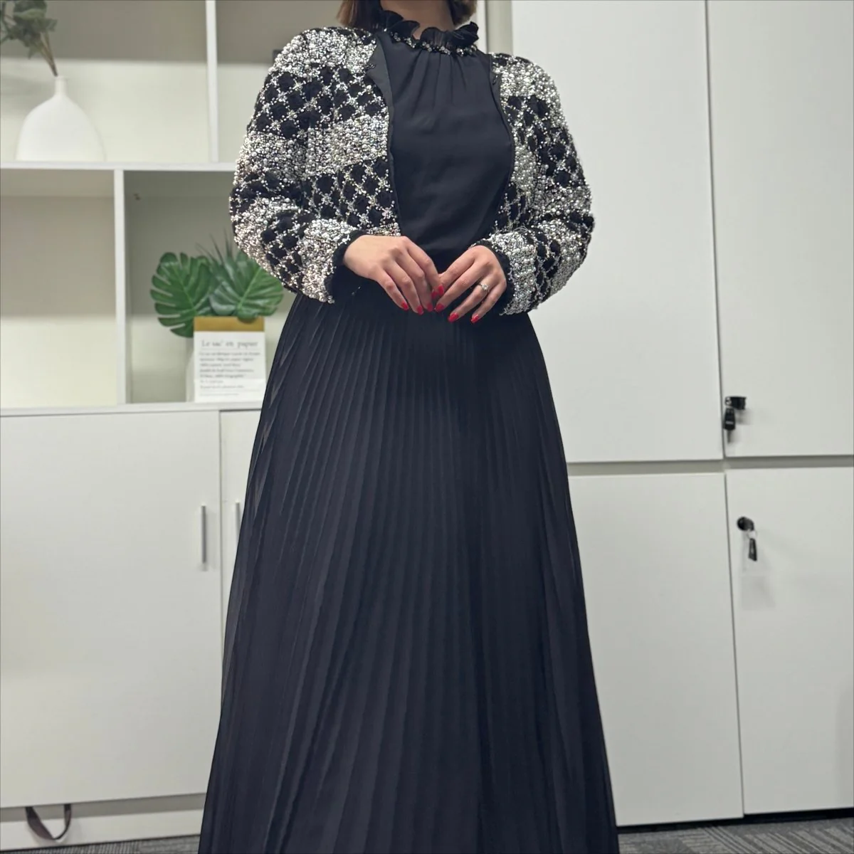 Luxury Pearl Beaded Diamond Grid Jacket & Pleated Dress Set(MS403) - Image 12