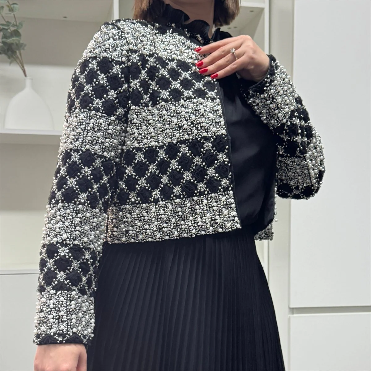 Luxury Pearl Beaded Diamond Grid Jacket & Pleated Dress Set(MS403) - Image 13