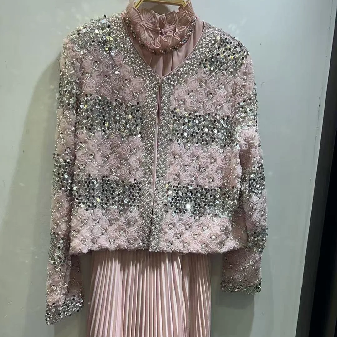 Luxury Pearl Beaded Diamond Grid Jacket & Pleated Dress Set(MS403) - Image 14