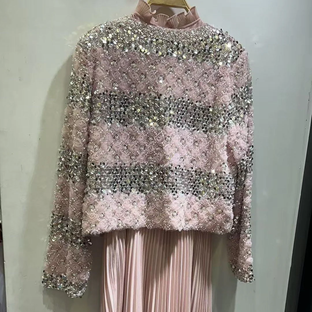 Luxury Pearl Beaded Diamond Grid Jacket & Pleated Dress Set(MS403) - Image 15
