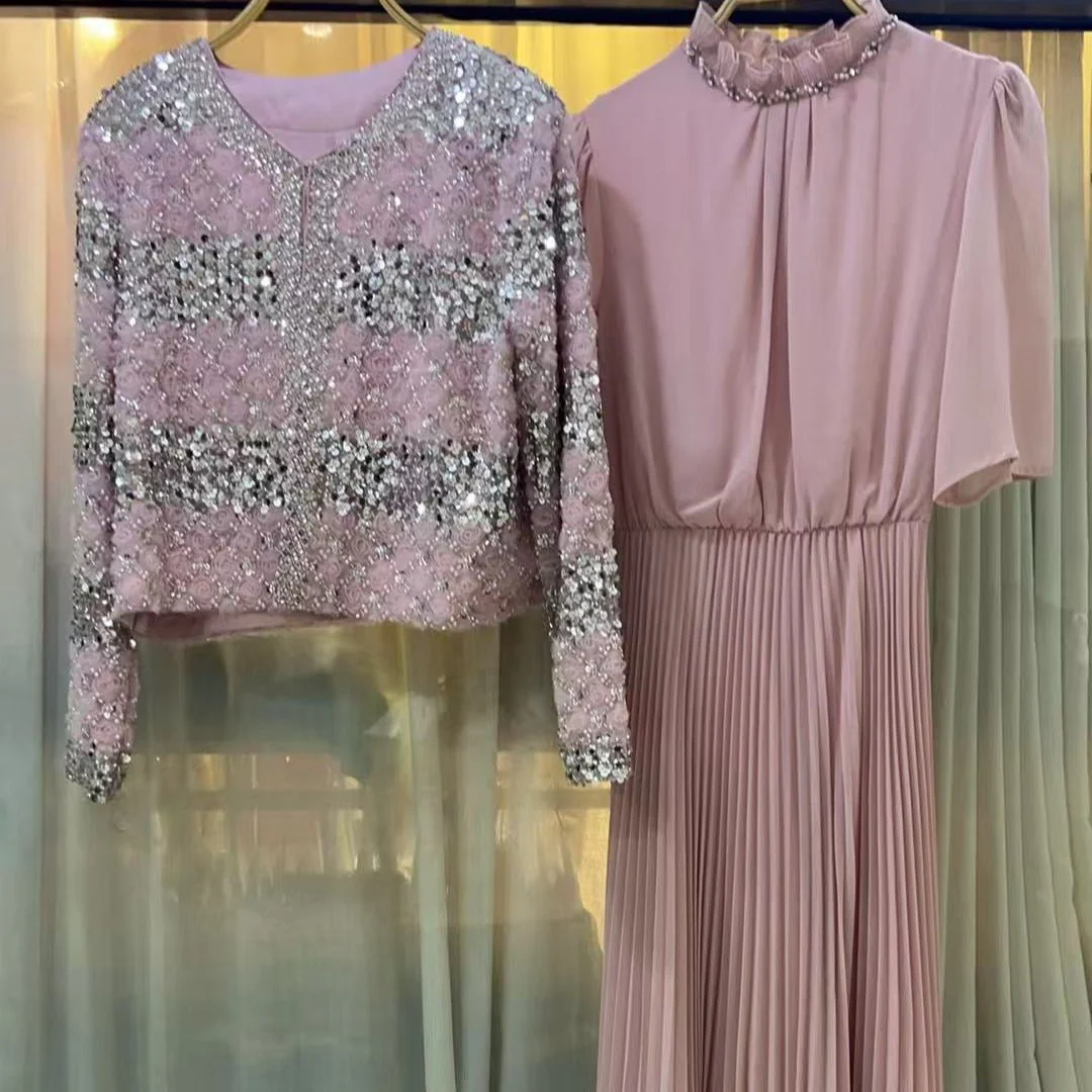 Luxury Pearl Beaded Diamond Grid Jacket & Pleated Dress Set(MS403) - Image 16
