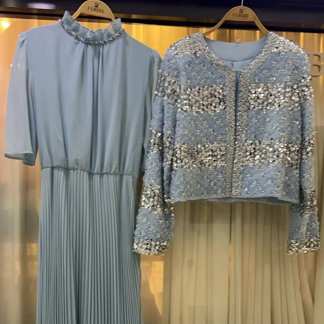 Luxury Pearl Beaded Diamond Grid Jacket & Pleated Dress Set(MS403) - Image 17