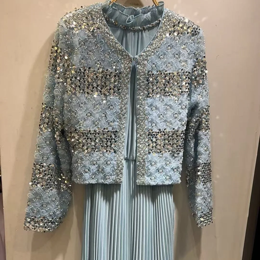 Luxury Pearl Beaded Diamond Grid Jacket & Pleated Dress Set(MS403) - Image 18