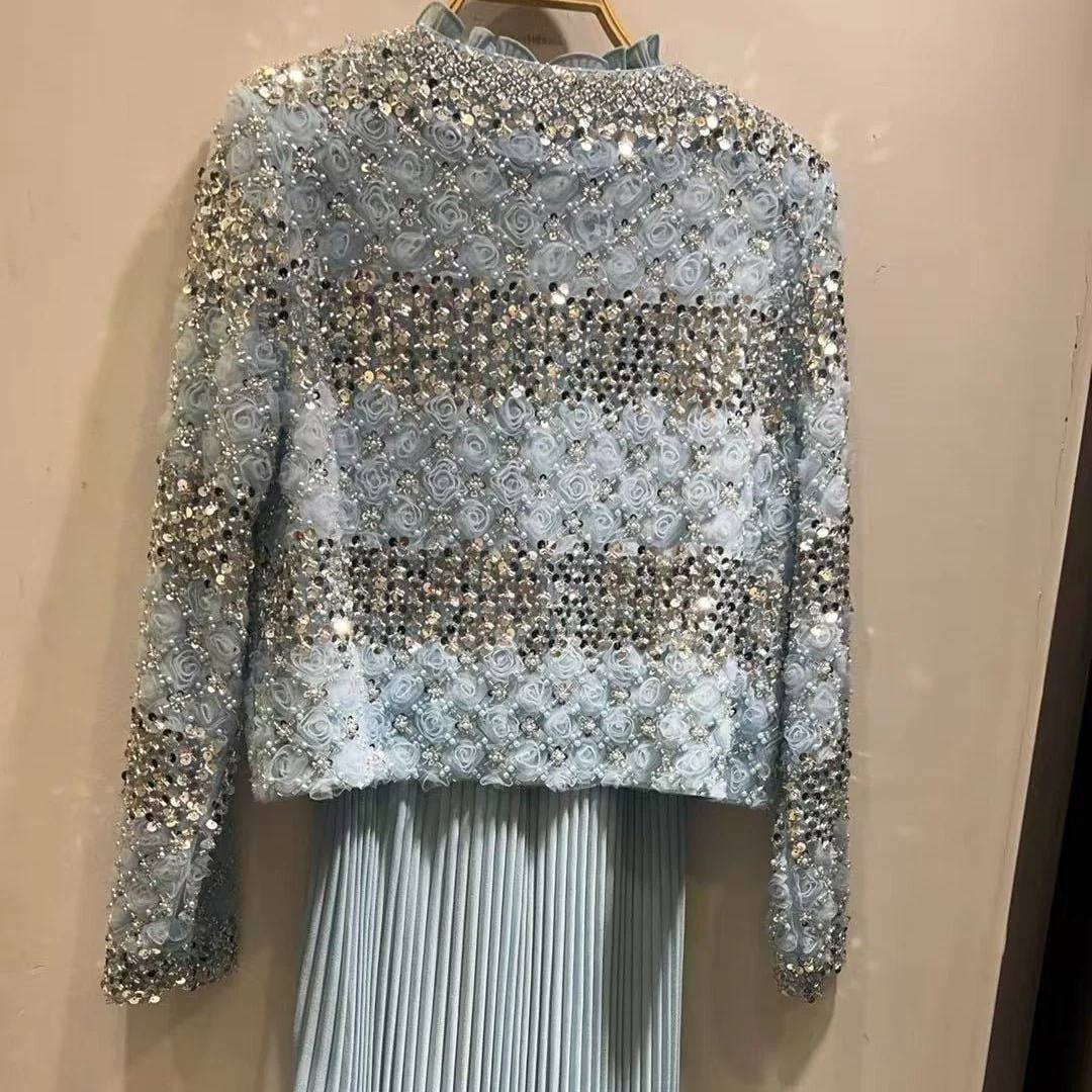 Luxury Pearl Beaded Diamond Grid Jacket & Pleated Dress Set(MS403) - Image 19