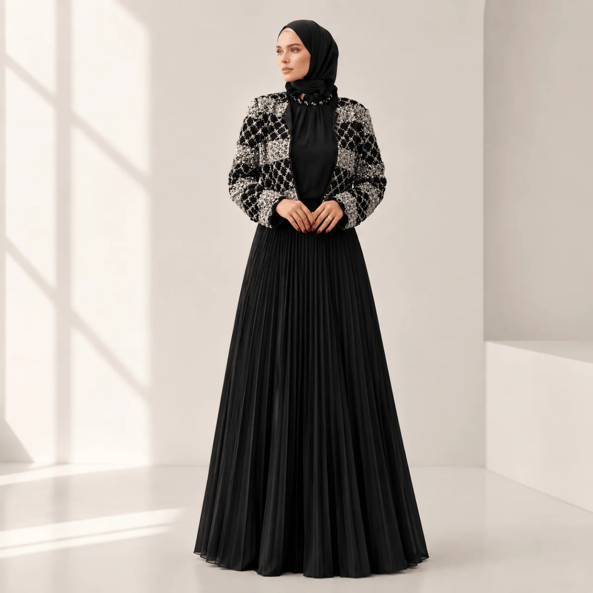 Luxury Pearl Beaded Diamond Grid Jacket & Pleated Dress Set(MS403) - Image 2
