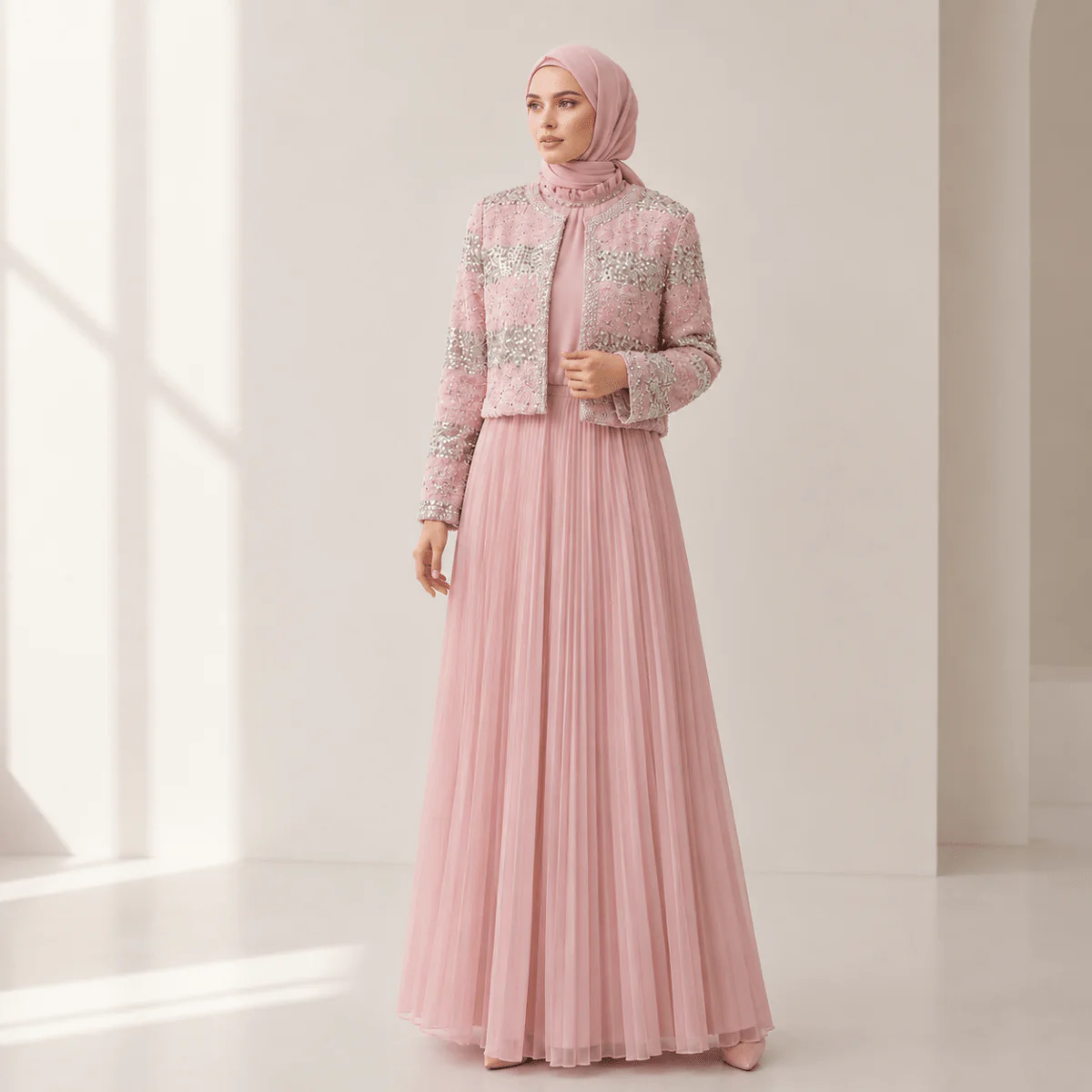 Luxury Pearl Beaded Diamond Grid Jacket & Pleated Dress Set(MS403) - Image 3