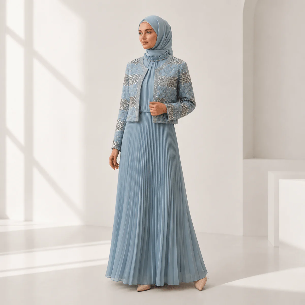 Luxury Pearl Beaded Diamond Grid Jacket & Pleated Dress Set(MS403) - Image 4