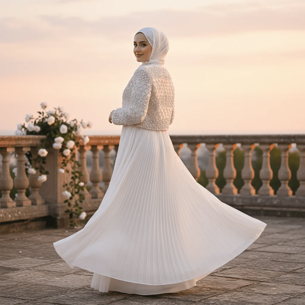 Luxury Pearl Beaded Diamond Grid Jacket & Pleated Dress Set(MS403) - Image 5