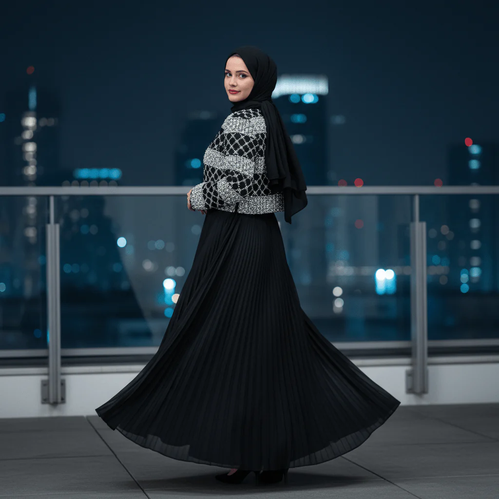 Luxury Pearl Beaded Diamond Grid Jacket & Pleated Dress Set(MS403) - Image 6