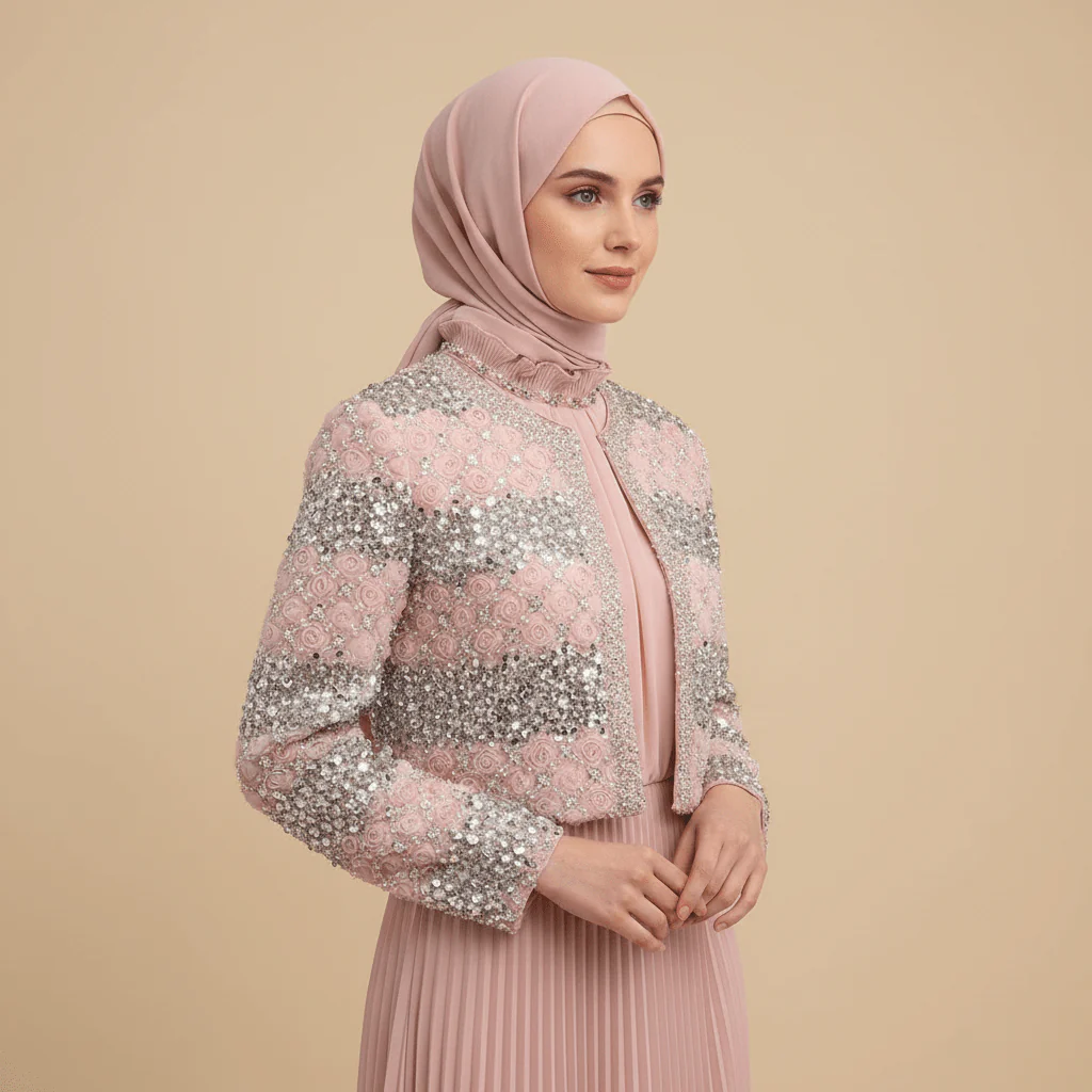 Luxury Pearl Beaded Diamond Grid Jacket & Pleated Dress Set(MS403) - Image 7