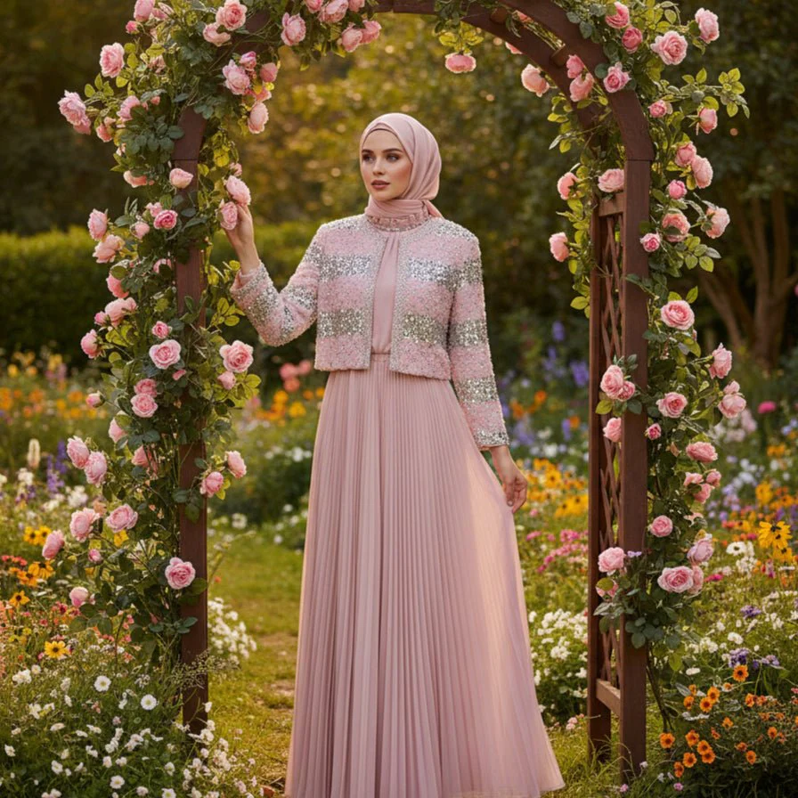Luxury Pearl Beaded Diamond Grid Jacket & Pleated Dress Set(MS403) - Image 8