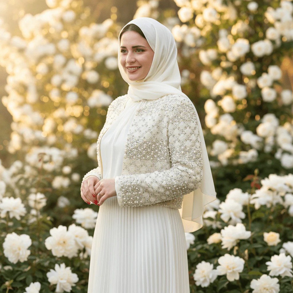 Luxury Pearl Beaded Diamond Grid Jacket & Pleated Dress Set(MS403) - Image 9