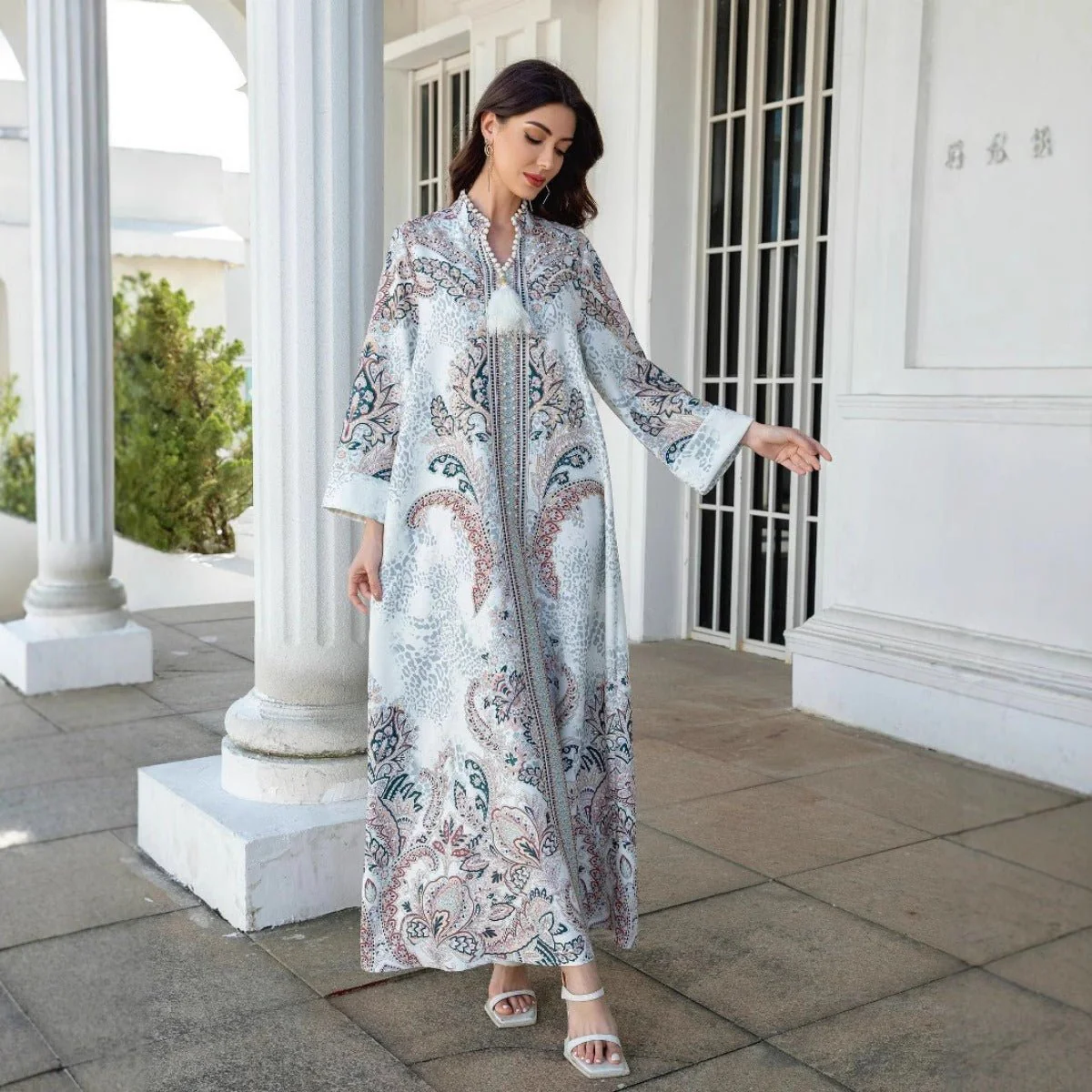 Luxury Pearl-Embellished Floral Beaded Muslim Robe Abaya with Bell Sleeves & Tassel Details (MA229) - Image 4