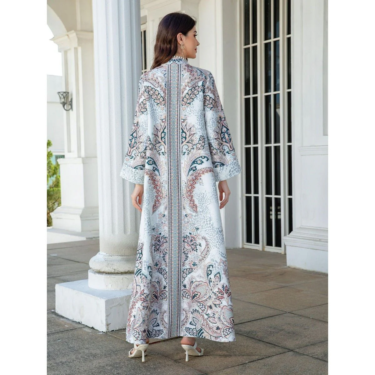 Luxury Pearl-Embellished Floral Beaded Muslim Robe Abaya with Bell Sleeves & Tassel Details (MA229) - Image 5