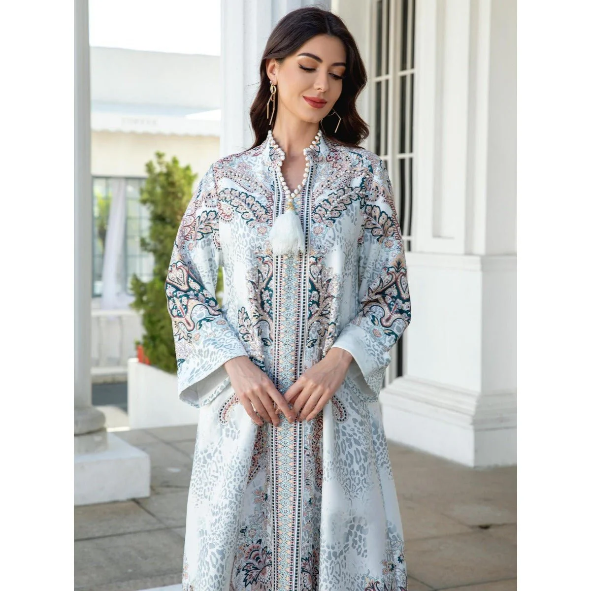 Luxury Pearl-Embellished Floral Beaded Muslim Robe Abaya with Bell Sleeves & Tassel Details (MA229) - Image 6