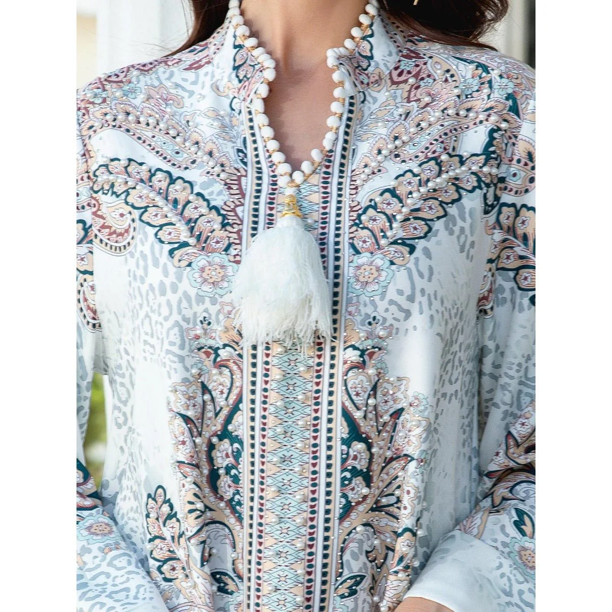 Luxury Pearl-Embellished Floral Beaded Muslim Robe Abaya with Bell Sleeves & Tassel Details (MA229) - Image 7