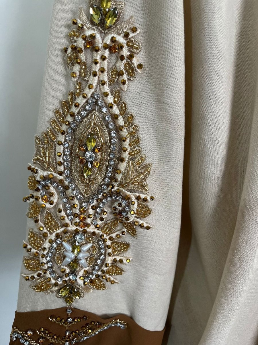 Luxury Rust Bead Muslim Wedding & Party Khaki Gold Embroidered Contrast Jacket Abaya(MOA158) - Image 10