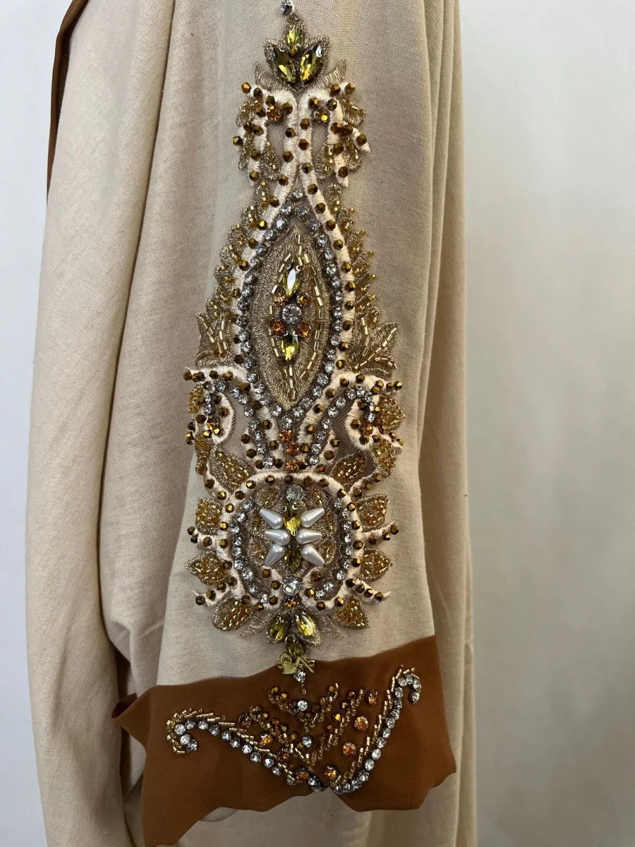 Luxury Rust Bead Muslim Wedding & Party Khaki Gold Embroidered Contrast Jacket Abaya(MOA158) - Image 11