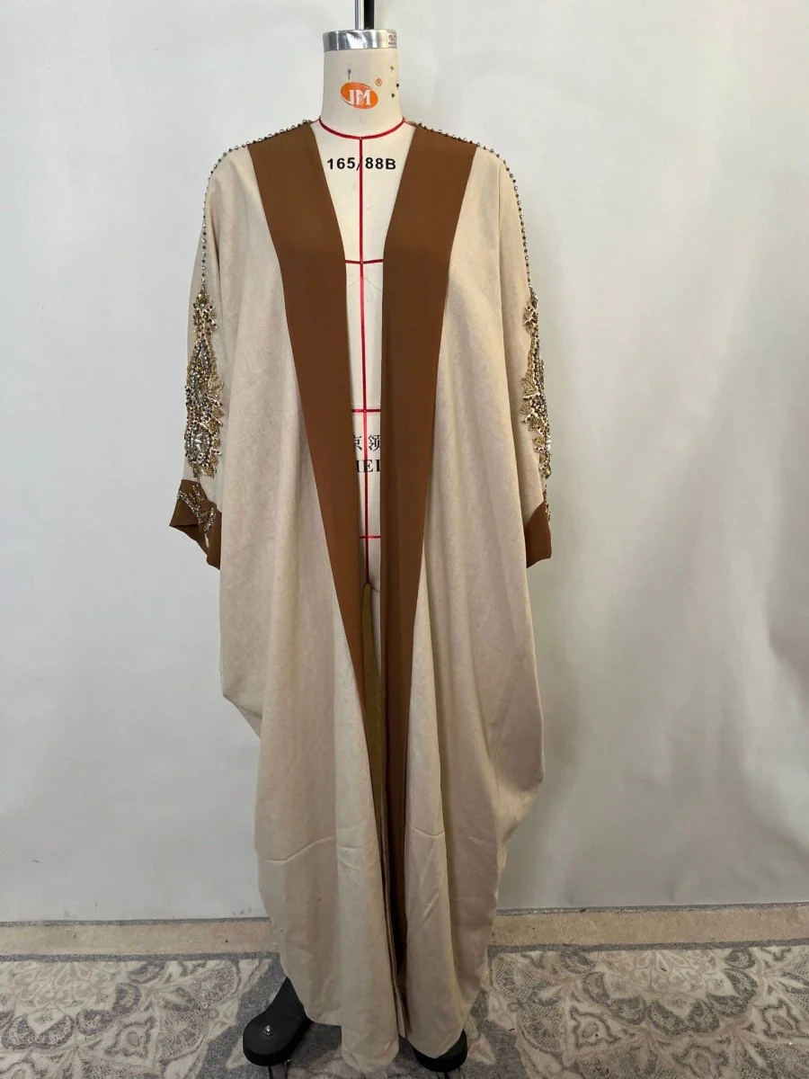 Luxury Rust Bead Muslim Wedding & Party Khaki Gold Embroidered Contrast Jacket Abaya(MOA158) - Image 12