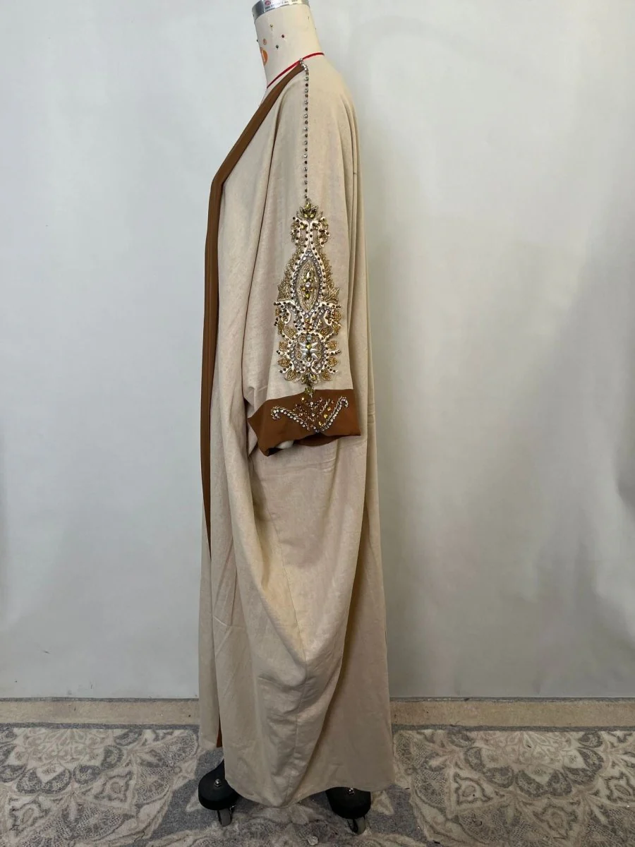 Luxury Rust Bead Muslim Wedding & Party Khaki Gold Embroidered Contrast Jacket Abaya(MOA158) - Image 13