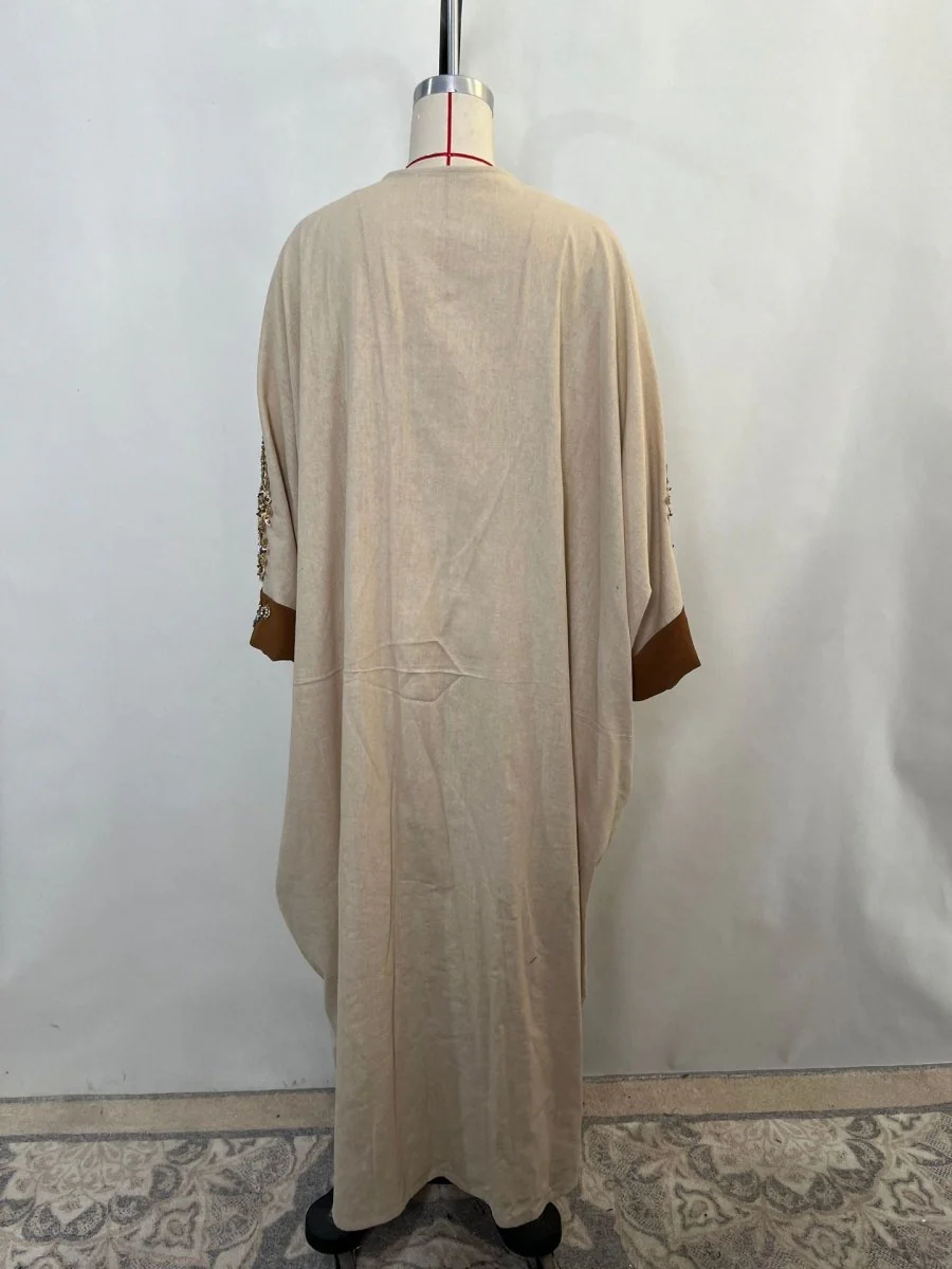 Luxury Rust Bead Muslim Wedding & Party Khaki Gold Embroidered Contrast Jacket Abaya(MOA158) - Image 14