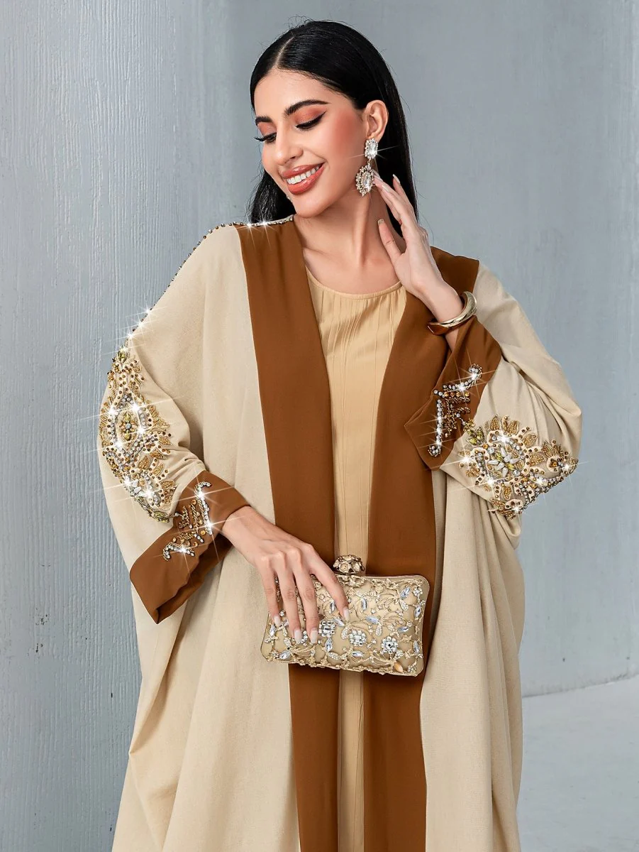 Luxury Rust Bead Muslim Wedding & Party Khaki Gold Embroidered Contrast Jacket Abaya(MOA158) - Image 15
