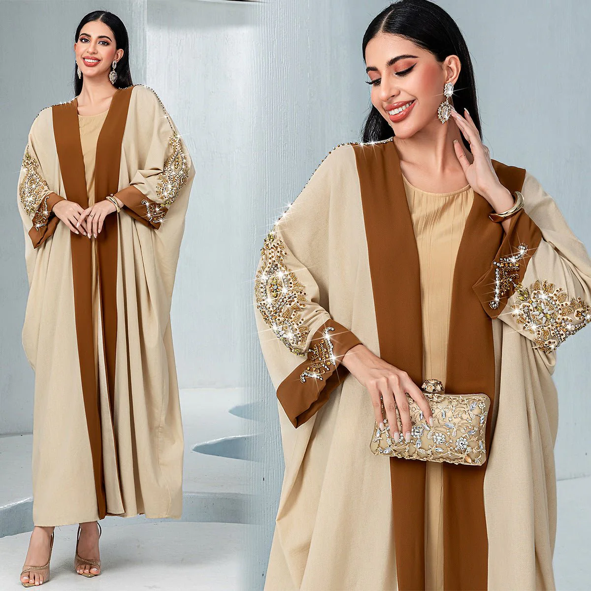 Luxury Rust Bead Muslim Wedding & Party Khaki Gold Embroidered Contrast Jacket Abaya(MOA158) - Image 2