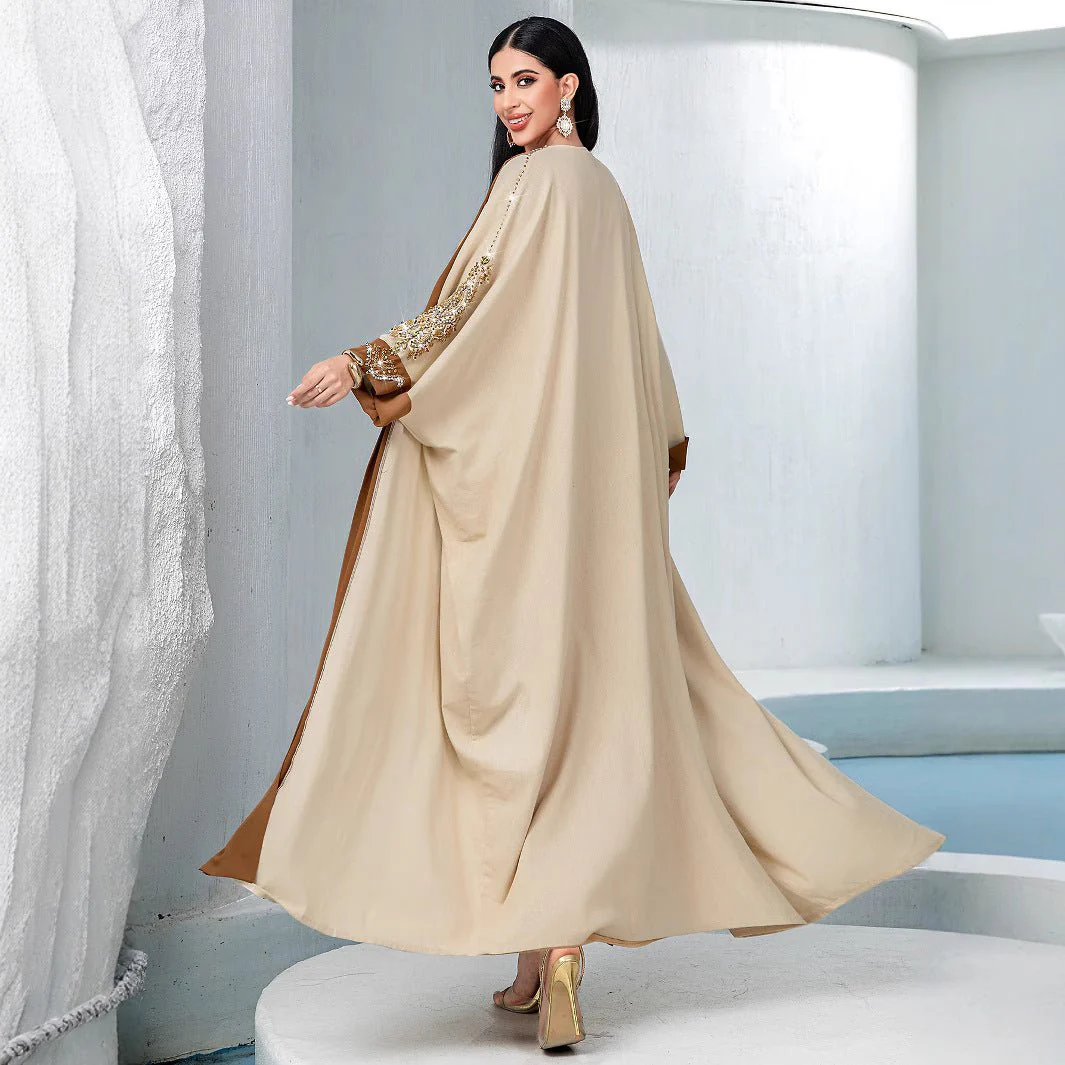 Luxury Rust Bead Muslim Wedding & Party Khaki Gold Embroidered Contrast Jacket Abaya(MOA158) - Image 3