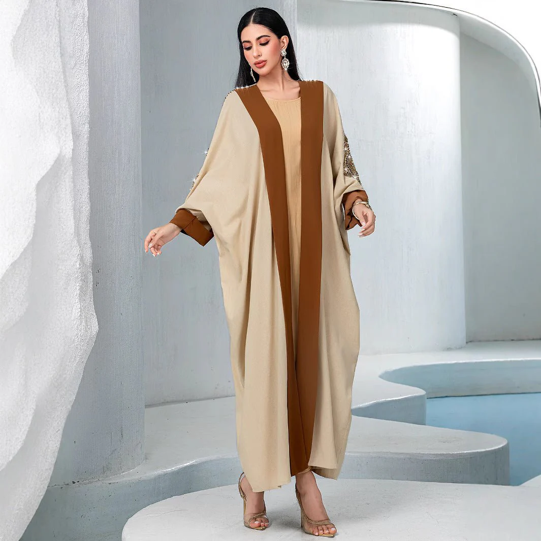 Luxury Rust Bead Muslim Wedding & Party Khaki Gold Embroidered Contrast Jacket Abaya(MOA158) - Image 4