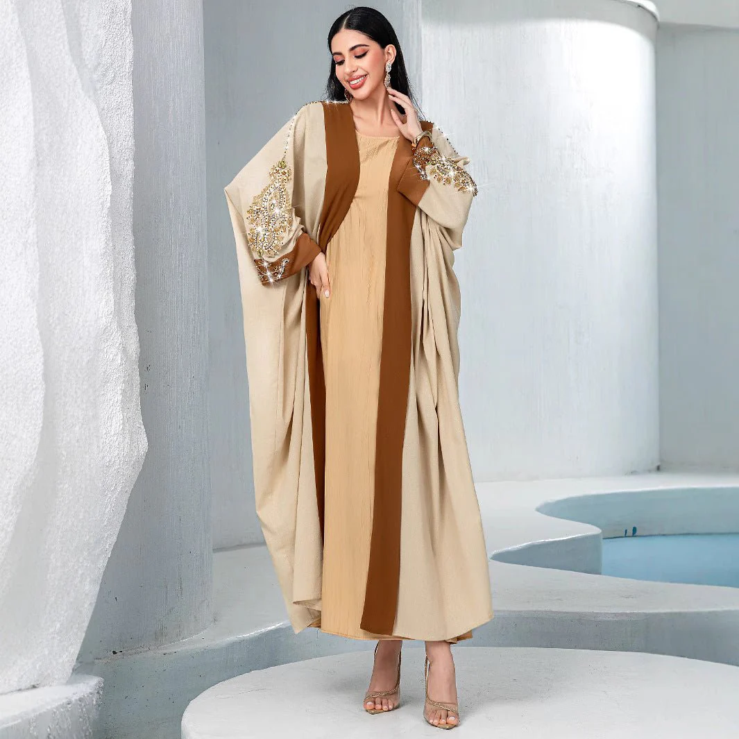 Luxury Rust Bead Muslim Wedding & Party Khaki Gold Embroidered Contrast Jacket Abaya(MOA158) - Image 5