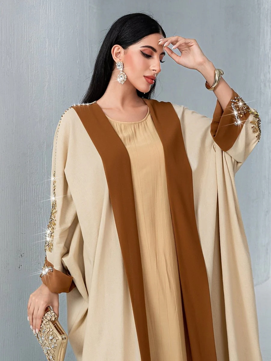 Luxury Rust Bead Muslim Wedding & Party Khaki Gold Embroidered Contrast Jacket Abaya(MOA158) - Image 6