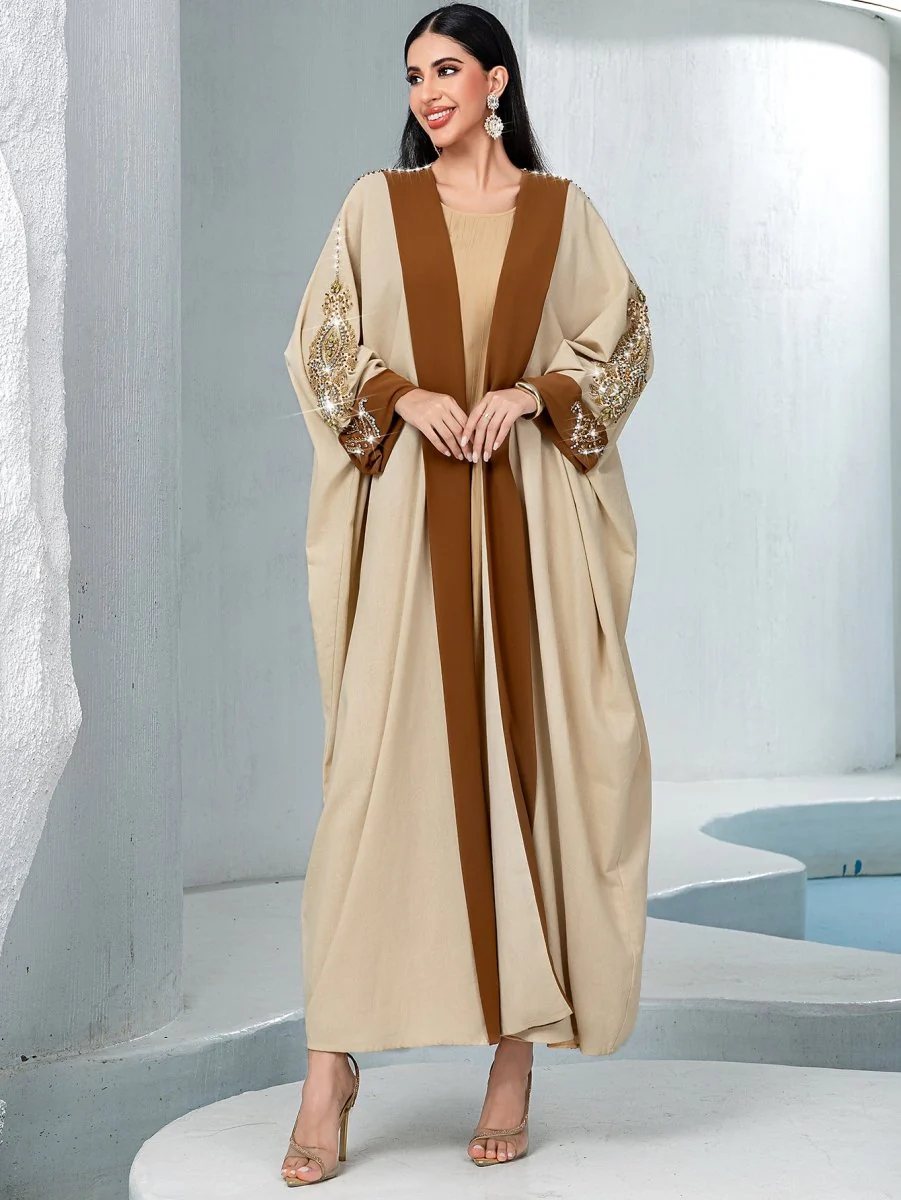 Luxury Rust Bead Muslim Wedding & Party Khaki Gold Embroidered Contrast Jacket Abaya(MOA158) - Image 8
