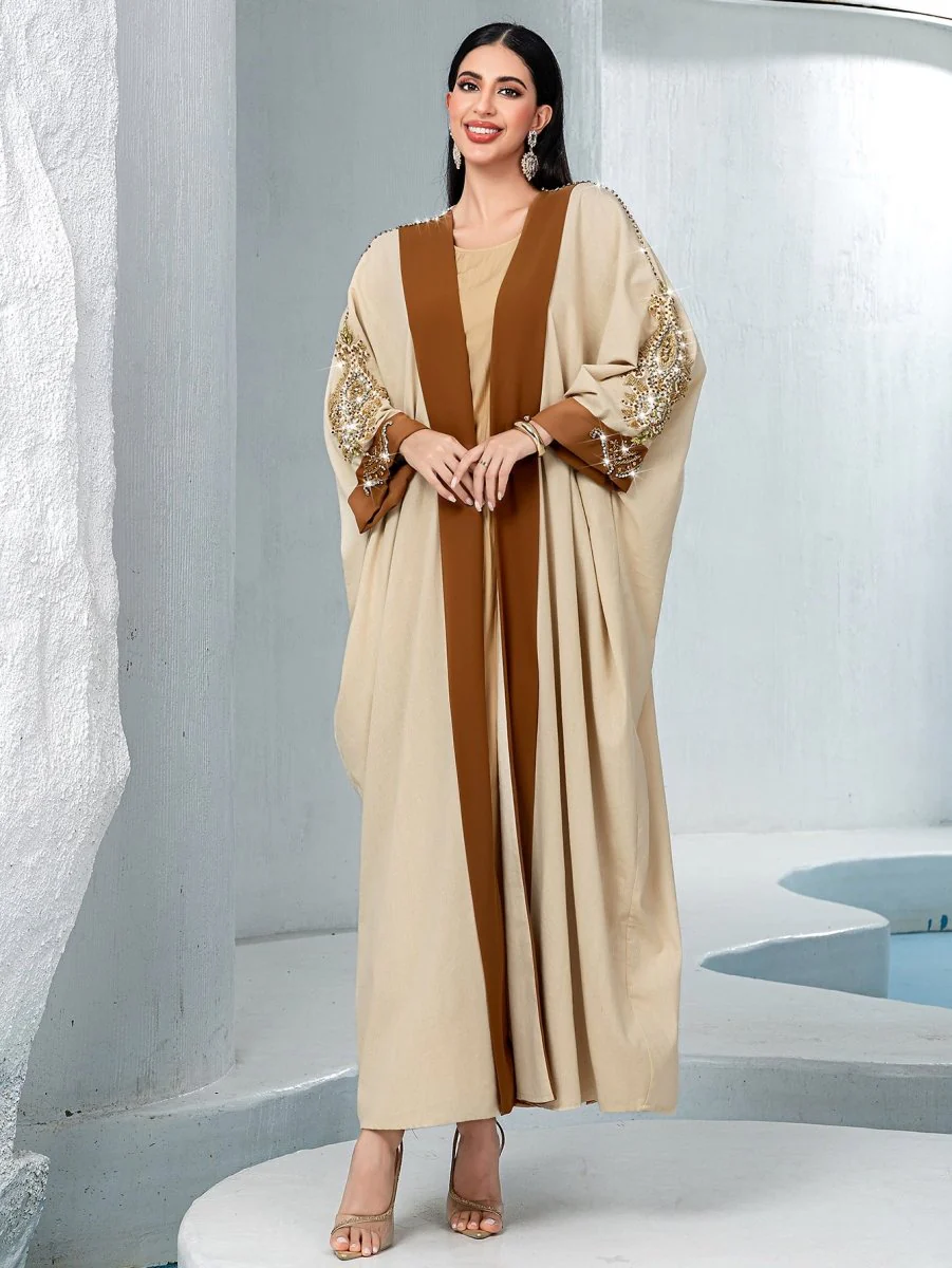 Luxury Rust Bead Muslim Wedding & Party Khaki Gold Embroidered Contrast Jacket Abaya(MOA158) - Image 9