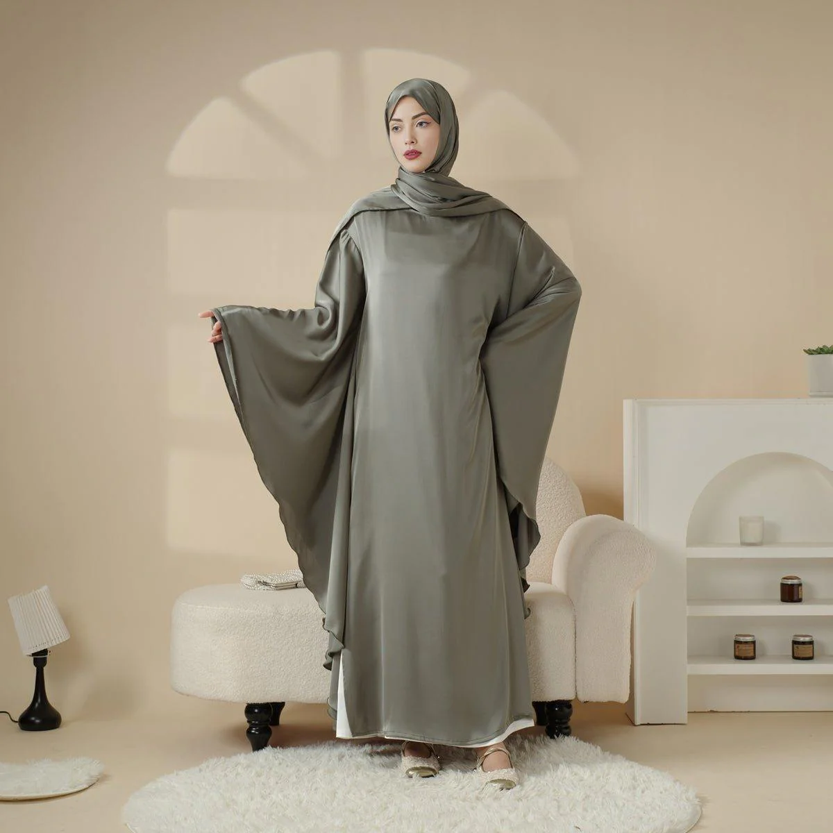 Luxury Satin Floaty Kaftan Abaya With Matching Hijab (MA054) - Image 6
