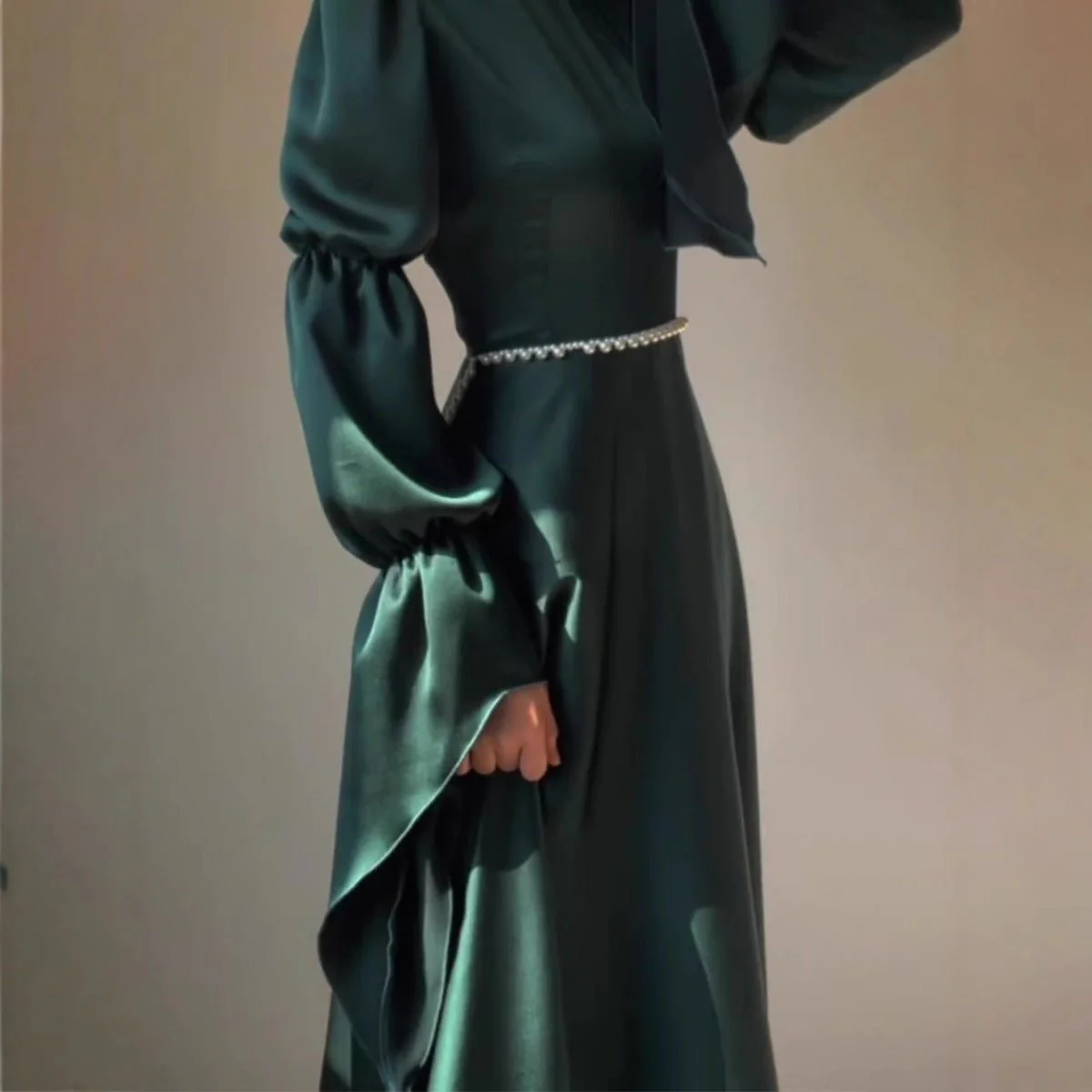 Luxury Slim-Fit Long Sleeve Dress Abaya | Emerald Green Maxi Dress (MA217) - Image 4