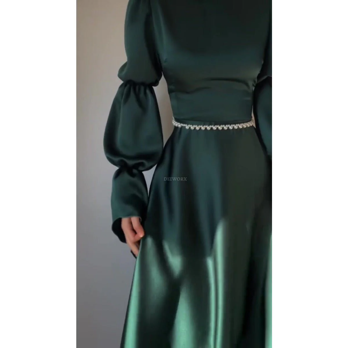 Luxury Slim-Fit Long Sleeve Dress Abaya | Emerald Green Maxi Dress (MA217) - Image 5