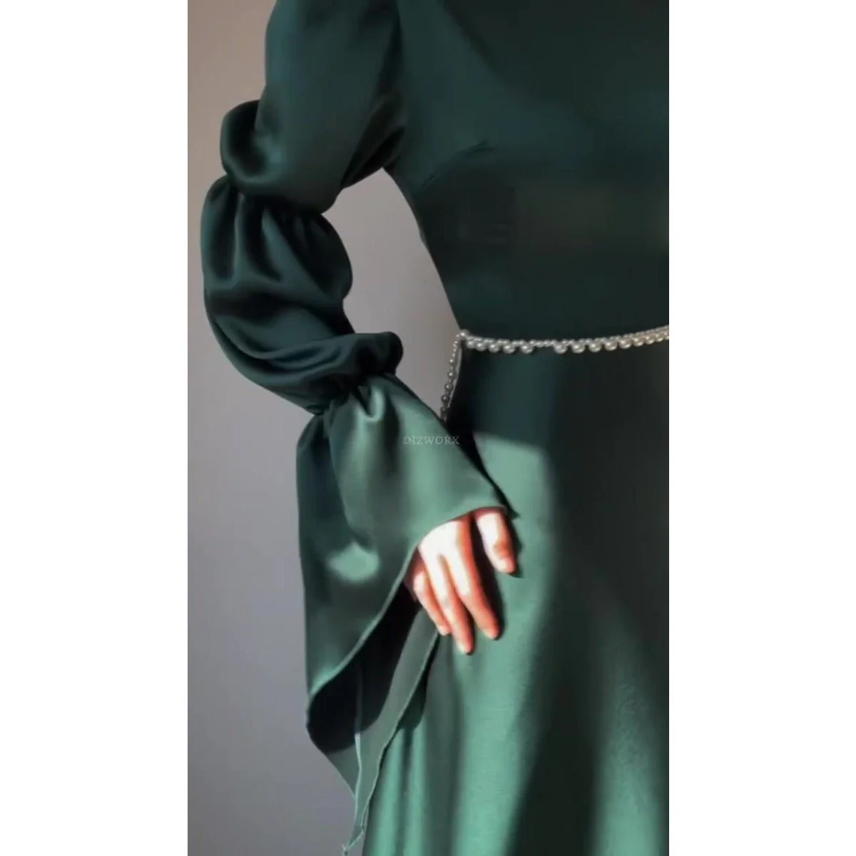 Luxury Slim-Fit Long Sleeve Dress Abaya | Emerald Green Maxi Dress (MA217) - Image 6