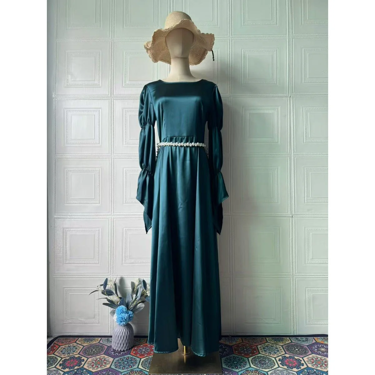 Luxury Slim-Fit Long Sleeve Dress Abaya | Emerald Green Maxi Dress (MA217) - Image 7