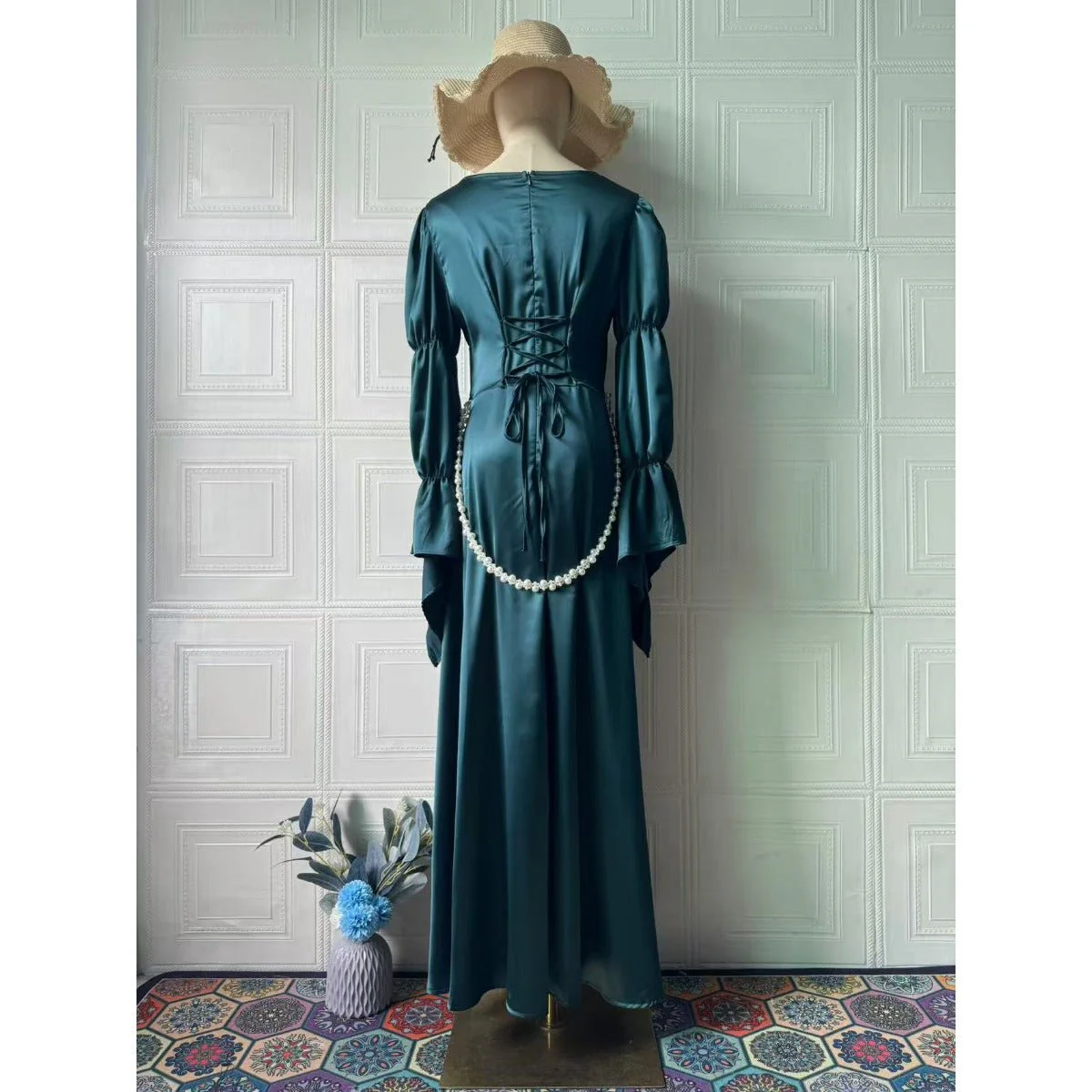 Luxury Slim-Fit Long Sleeve Dress Abaya | Emerald Green Maxi Dress (MA217) - Image 8