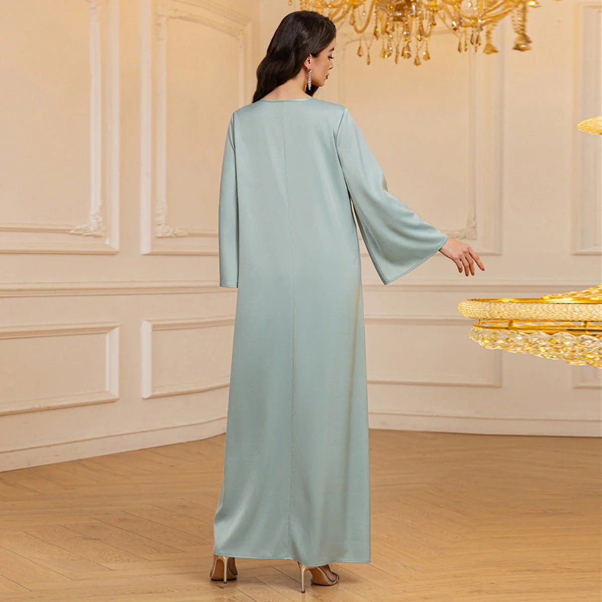 Luxury Textured Satin Diamond Embellished Robe Dress - High-End V-Neck Evening Gown with Flared Sleeves(MA276) - Image 2